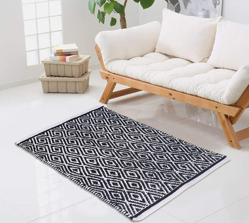 Ramanta Home 100% Cotton Diamond Rug, 21x34 Hand Woven Reversible Washable Rug - Navy, for Bathroom, Entry, Living Room