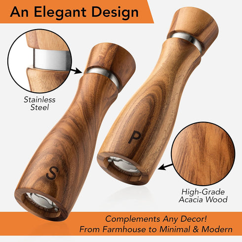 Set: 8 Inches Gennua Kitchen Wooden Salt and Pepper Grinder Refillable Salt & Pepper Mills Adjust for Customized