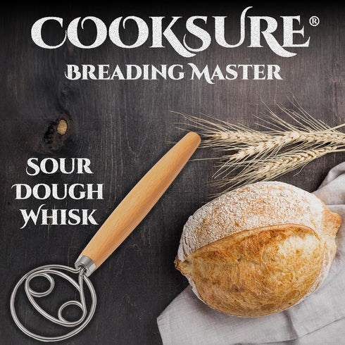 13 Inch 304 Danish Dough Whisk for Sourdough Bread Bread Whisk with Wooden Handle Stainless Steel Hook for Heavy Dough