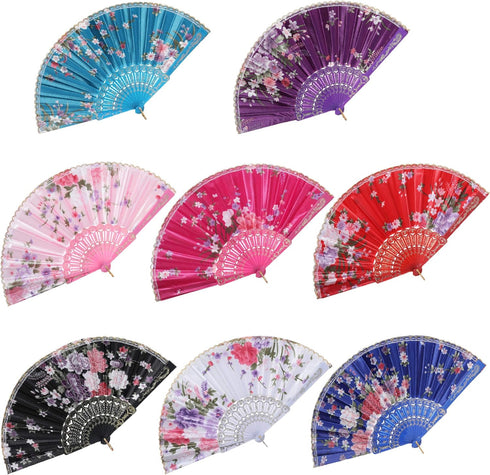 BABEYOND 8pcs Floral Folding Hand Fan, Vintage Handheld Lace Folding Fan with Different Flower Patterns for Wedding