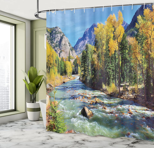 Ambesonne Landscape Shower Curtain, Cloth Fabric Bathroom Decor Set with Hooks, 69" W x 70" L, Mustard Green Blue,