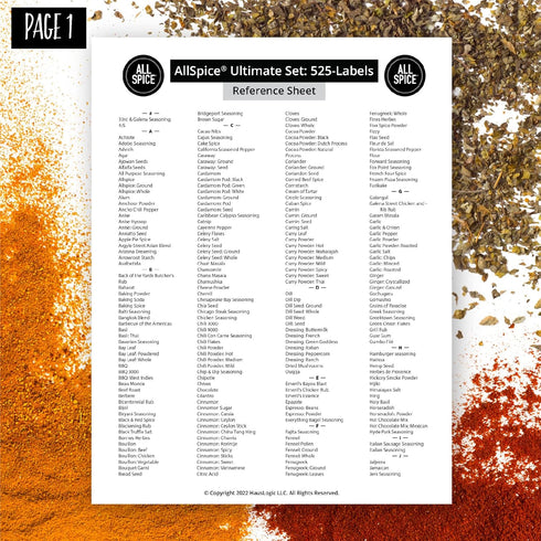 AllSpice Ultimate Spice Label Set - 525 Preprinted Water Resistant Round Labels with Extra Fine White Paint Pen
