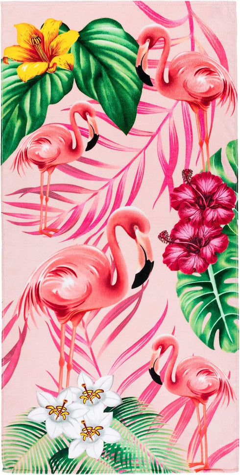 Softerry Flamingo Beach Towel, 30 x 60 inches, 100% Cotton (Flamingos and Hibiscus)