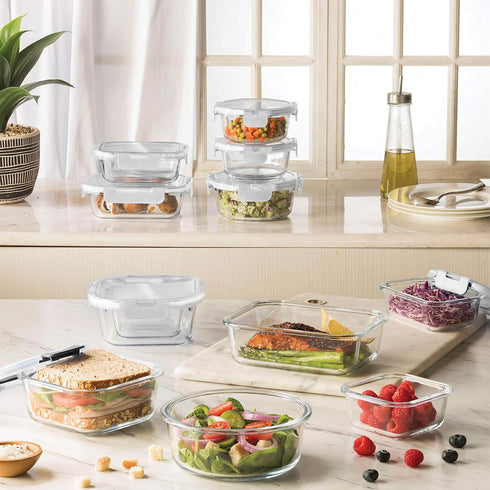FineDine 24 Piece Glass Storage Containers with Lids - Leak Proof, Dishwasher Safe for Meal Prep or Leftovers, White