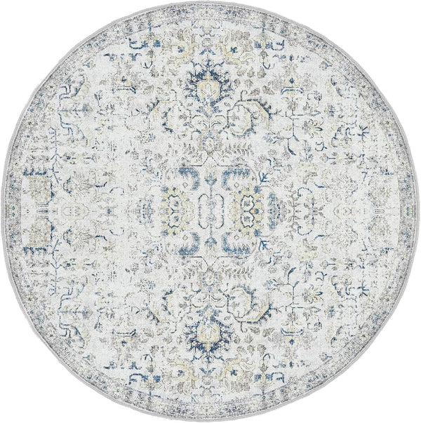 jinchan Round Rug 5ft, Washable Vintage Area Rug, Distressed Blue Floral Circle Rug for Indoor Use