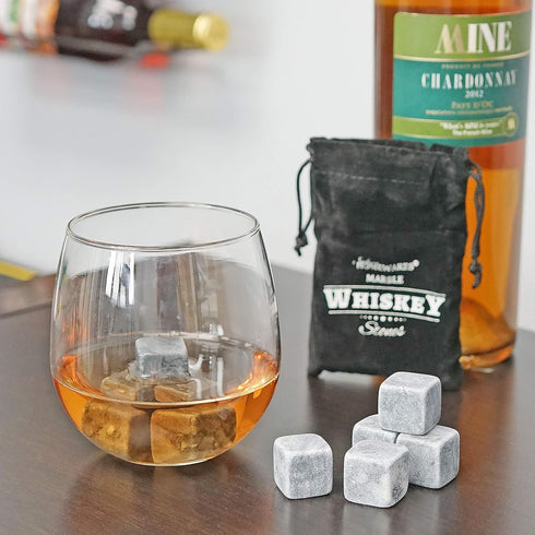Marble Whiskey Stones - Natural Reusable Chilling Rocks for Whiskey & Bourbon, Silver Finish