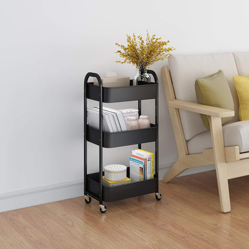 3-Tier Rolling Utility Cart - Black with Caster Wheels