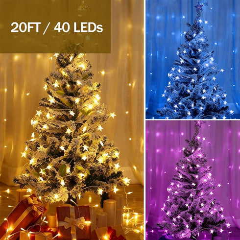 20ft, 40 Solhice Star String Lights Battery Operated Color Changing LEDs Fairy Lights, Hanging Twinkle Lights