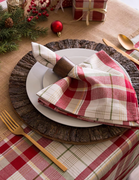 DII Orchard Plaid Collection 6 Piece Napkin Set, 20x20, Taupe/Red Linen Tabletop Essentials