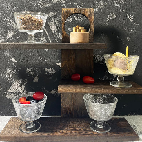 Set 4, 9oz (4PCS) Vintage Glass Dessert Bowls, of Glass Ice Cream Sundae Cups with Sunflower Pattern Glass Dessert