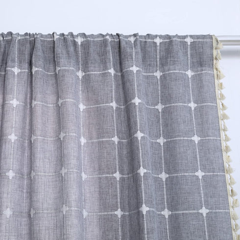 YoKii Boho Kitchen Curtains 36 Inch Length, Modern Farmhouse Cotton Linen Short Window Panel with Gingham Tassel