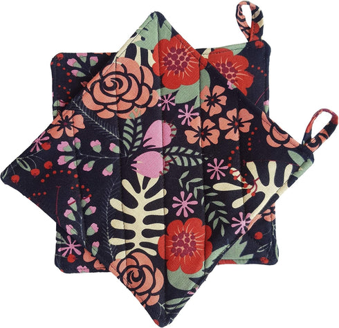 CUSHYSTORE Canvas Pot Holder Oven Pads, Navy Blue Potholders for Cooking Kitchen, 7.75", 2 Pack (Exotic Flower)