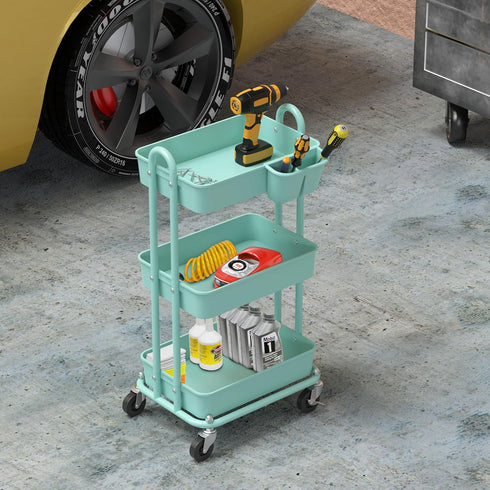 3-Tier Simple Houseware Multifunctional Rolling Utility Cart with Hanging Bucket, Turquoise