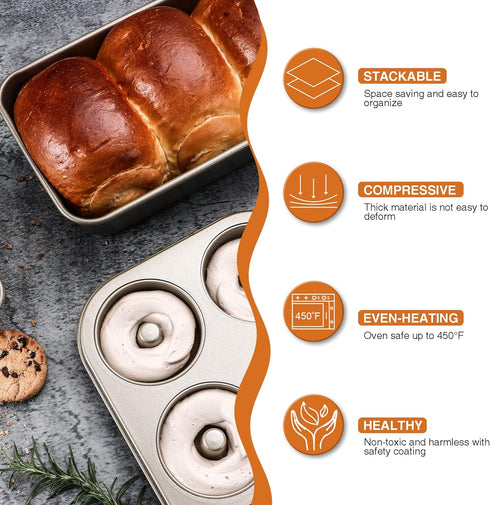 HONGBAKE Nonstick Donut Pans for Baking, 2-Pack 6 Cavity Upgraded Deepened Doughnut Tray for Oven - Bronze Gold