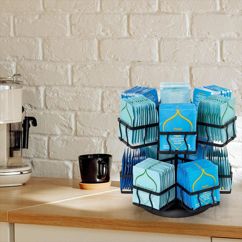 12 140 NHZ Tea Bag Organizer - Spinning Carousel Holder With Compartments, Up to Tea Bags Storage, Black Powder Coated