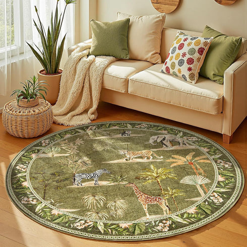 jinchan 5ft 5' Round Rug Green Jungle Animals Print, Machine Washable Circle Modern Soft Non-Slip Forest Plant Throw