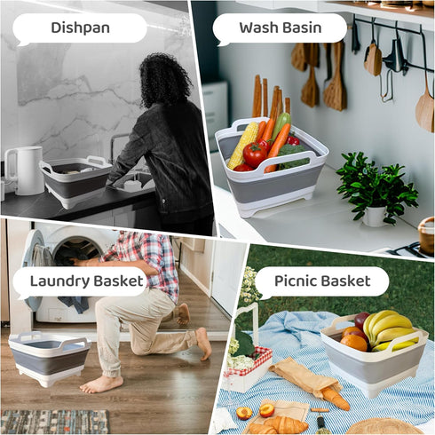 Collapsible Wash Basin with Drain Plug - 2.4 Gallon (9L) Portable Sink for RV Camping, Space-Saving Dish Pan (Gray)
