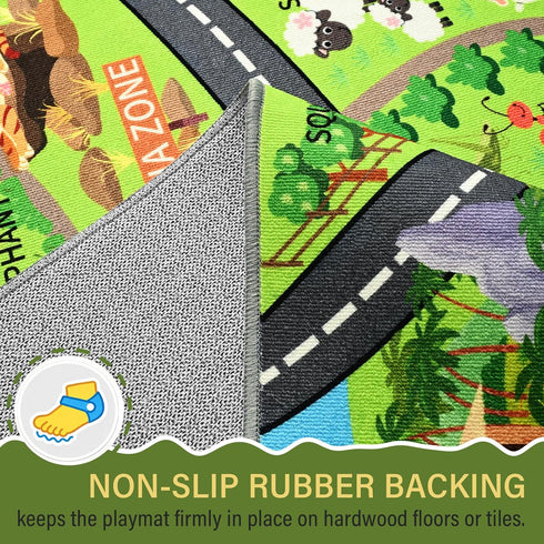 60"x36" Zoo Adventure Kids Car Rug, Cute Animal Play Mat with Non-Slip Backing, Kids Carpet with Lions, Tigers