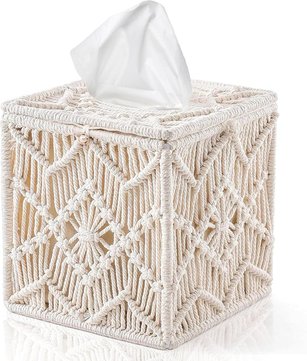 Tissue Box Cover Square Woven Macrame, Boho Decor Tissues Holder with Bead Buckle for Home, Bathroom, Office