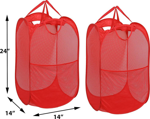 Simple Houseware Mesh Pop-Up Laundry Hamper Basket, Red - 2 Pack with Side Pocket