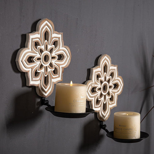 Openwork Carving Candle Sconces Set of 2 - Farmhouse Rustic Wall Decor,