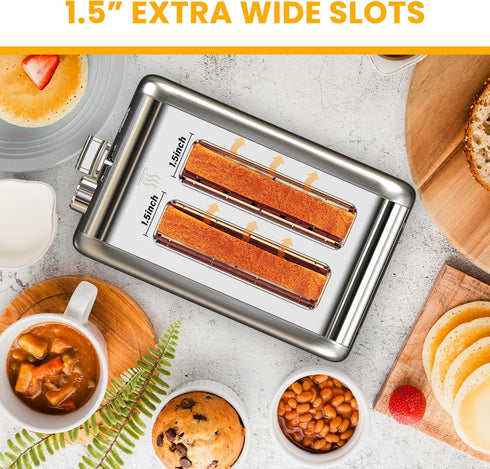Simple Deluxe 2-Slice Toaster, Silver, 6 Browning Settings, 3 Functions, Extra Wide Slot & Removable Crumb Tray