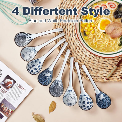 Soup Spoons Set of 8, Asian Soup Spoon Long Handle Ceramic Ramen Spoons, Perfect Depth Japanese spoon for Dumpling, Pho, Noodles, Miso, Wonton, Dishwasher Safe