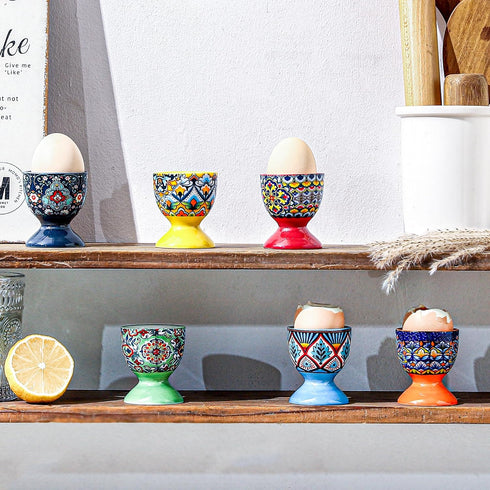 Set 6 HENXFEN LEAD Boho Ceramic Egg Cups of Colorful Egg Holders for Soft & Hard Boiled Eggs, Microwave & Dishwasher
