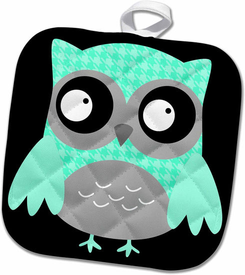 3D Rose Cute Turquoise Hounds Tooth Patterned Owl Pot Holder, 8" x 8"