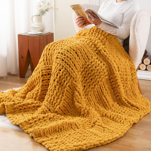 50"x60" Bunnikins & Clover Mustard Yellow Throw Blanket for Couch, Chunky Knit Gold Blanket Throw with Chenille Yarn