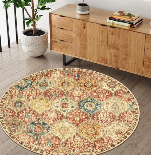 Lahome Moroccan Trellis Round Rug, 3ft Washable Non-Slip Soft Area Rug for Bedroom & Entryway, Red/Orange