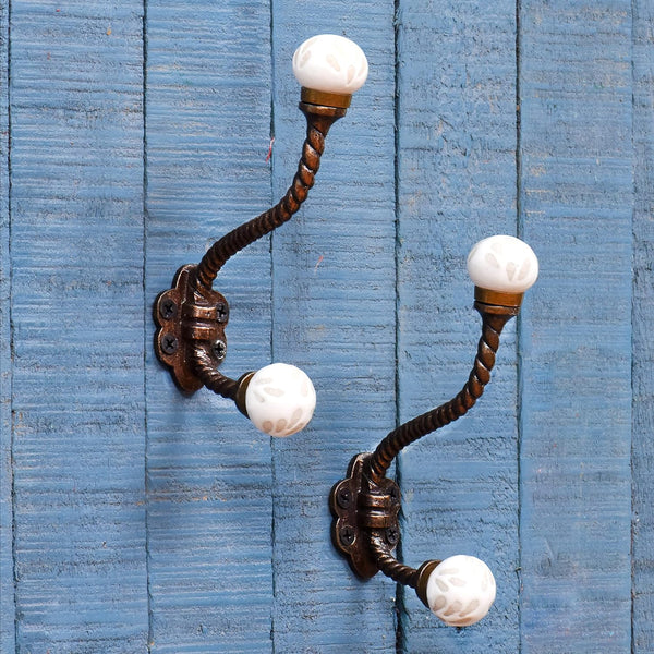 IndianShelf 2 Packs Decorative Coat Hooks, Unique Wall Hooks, Kids Iron Coat Rack, White