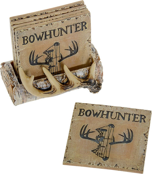 Pine Ridge Home Antler Wood Log Coaster Set with Holder - Absorbent Cabin Lodge Decor for Hunter Men