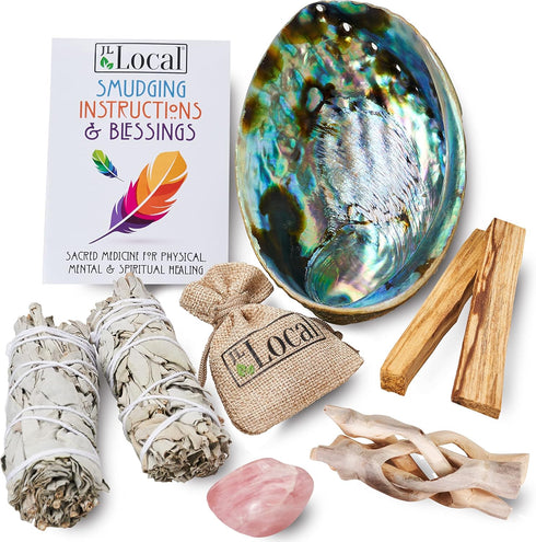 Perfect Unity Smudging Kit - 2 White Sage Smudge Sticks + 2 Palo Santo Sticks + Abalone Shell Bowl + Rose Quartz