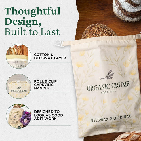 Organic Crumb (5 1) 2 Reusable Bread Bags for Homemade Bread in XL Cotton Beeswax Bags, Reusable Beeswax Wrap, Bowl