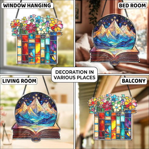 2 6" SS345 Book Floral Shelf Suncatchers Window Hanging Acrylic Ornaments Back to School Teacher Appreciation Gift