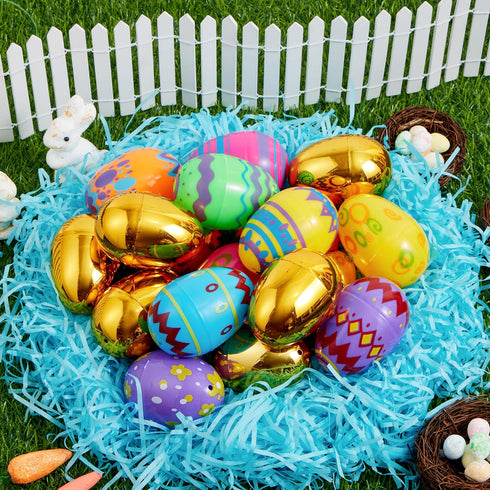 36 3.15" 8 JOYIN Pcs Colorful Printed Eggs Include Golden, Plastic Fillable Empty Eggs for Easter Hunt, Basket Stuffer