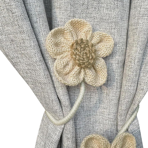 Curtain Tiebacks for Curtains Boho Holdbacks for Drapes, Farmhouse Jute Rope Tie Backs with Flower Decor, Window Curtain Accessories Holders for Indoor Outdoor Use, Set of 4