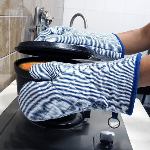 1 Pair Yarn Dyed Oven Mitts, 100% Cotton Heat Resistant 470 Degree Gloves for Cooking & Baking (Blue)
