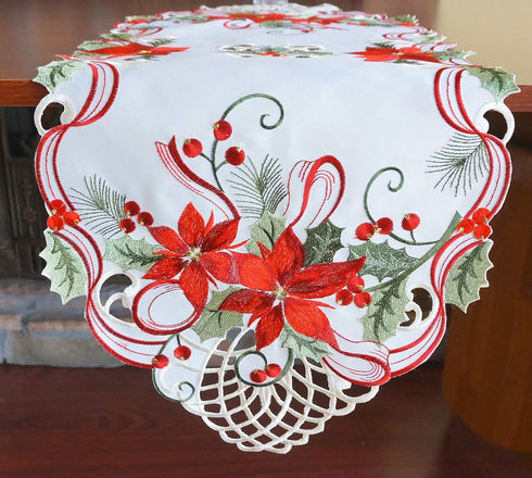 Holiday Christmas Table Runner, 13"x34", Cutwork Embroidered Floral Dresser Scarf for Home Dining