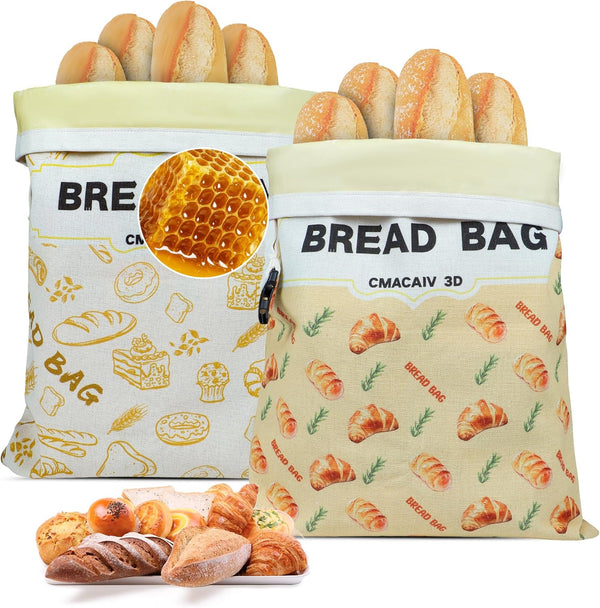 CMACAIV 3D 2-Pack Beeswax Bread Bags,17"13"Reusable Bread Bags for Homemade Bread Sourdough,Linen Outer Lining