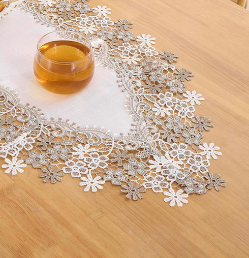 Winotic 36 inches 16 36) White Beige Floral Lace Table Runner Dresser Scarf Long for Kitchen Dining Coffee Table