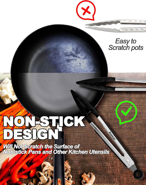 Anaeat Non-Stick Silicone Locking Tongs Set of 2 - 9" and 12" Stainless Steel Kitchen Food Tongs with Non-Slip Tips
