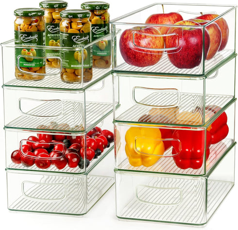 Hudgan Set of 8 Stackable Organizer Bins, Straight Sides Plastic Storage Containers for Pantry and Kitchen