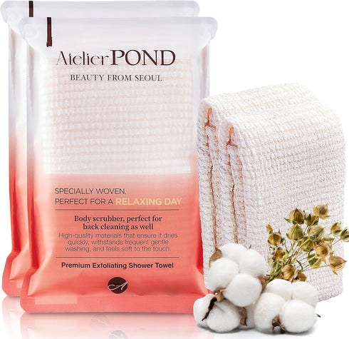 atelier POND Korean Exfoliating Washcloth, 2-Pack Soft Cotton-Blend Exfoliating Shower Towel for Sensitive Skin,