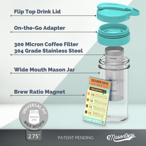 Masontops Deluxe Cold Brew Makers Kit, Iced Coffee Maker with Glass Pitcher & Stainless Steel Mesh Filter