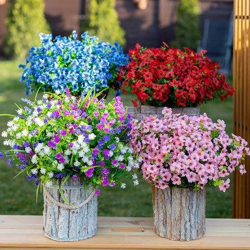 Artificial Flowers for Outdoors, 16 Bundles Faux Boxwood Greenery, No Fade Plastic Shrubs for Home Garden Decor (Pink)