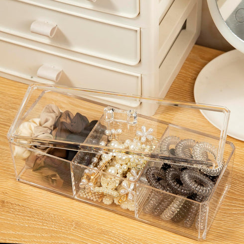 Hair Accessories Organizer for Girls, Acrylic Hair Tie Holder with 3 Compartments for Headbands, Bows, Clips
