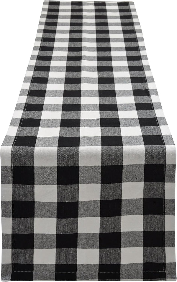 Yourtablecloth Plaid Checkered Table Runner - Washable Indoors or Outdoors (Black and White, 14 x 108)