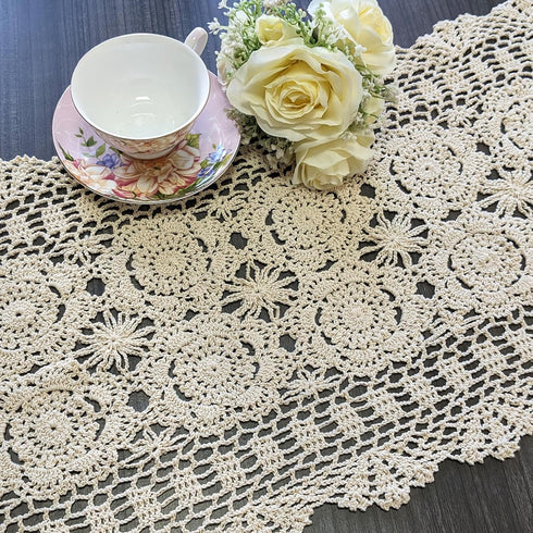 USTIDE Handmade Crochet Lace Table Runners Beige 15.7"x59" Cotton Doilies for Coffee